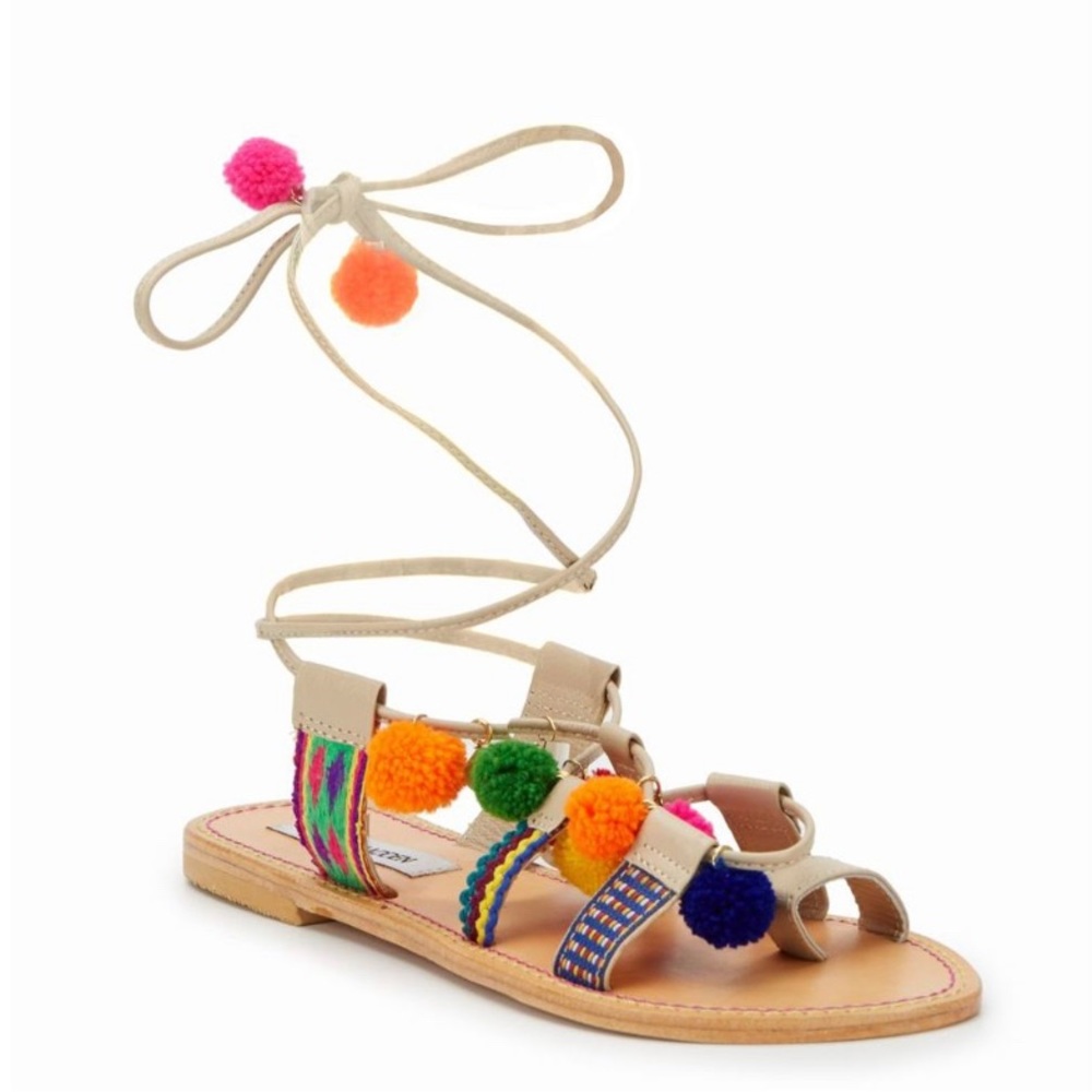 NEW 7 Steve Madden Bright Pom Sandal boho hippie leather rainbow pride Artisan